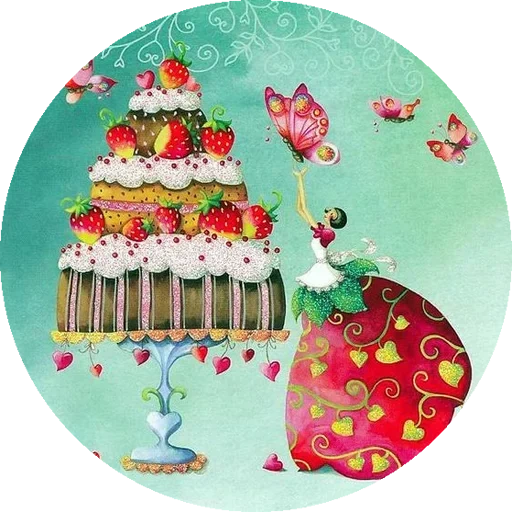 die karte kuchen, tägliche postkarten, happy birthday olga, muster von reiskuchen, illustration zum geburtstag von mira maquis