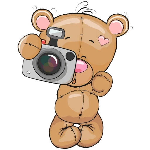 stiker beruang, kamera mishka, bertabuh dengan kamera, kartun dengan kamera, kamera kartun