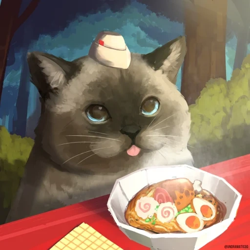 die katze, futter für katzen, die katze frisst, die katze lomi art, die illustration der katze