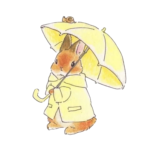 cat, hare with an umbrella, illustration, watercolor cartoon, a mouse under an umbrella