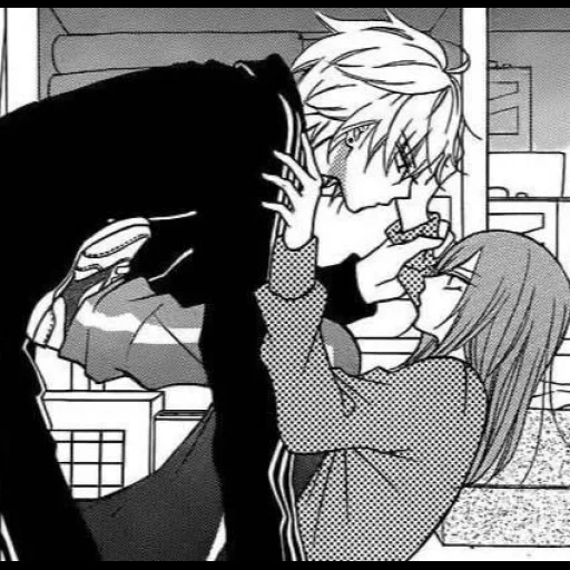 anime pairs of manga, manga romance shojo, an ideal couple of manga, anime guy pressed the girl, perfect couple of manga characters