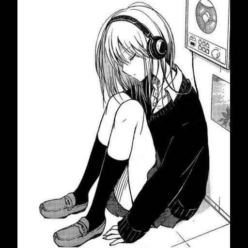 anime triste, sad anime chb, el anime es blanco negro, chica de anime triste, los auriculares de las chicas de anime están tristes