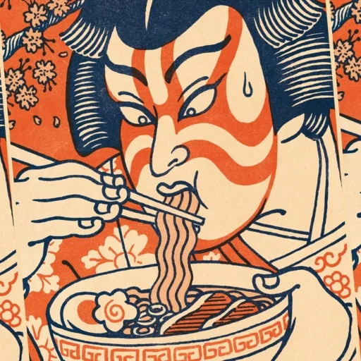 hieróglifos, arte, gueixa japonesa, guerreiro retrô, cartaz de macarrão japonês