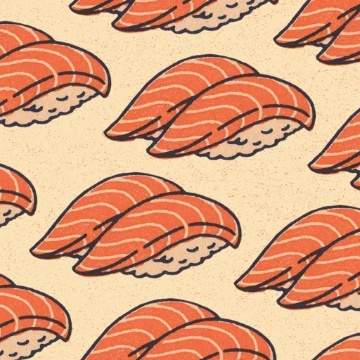 sushi, disegno senza cuciture, sushi con sfondo arancione, salmone dipinto a mano sullo sfondo, testa di fondo sushi