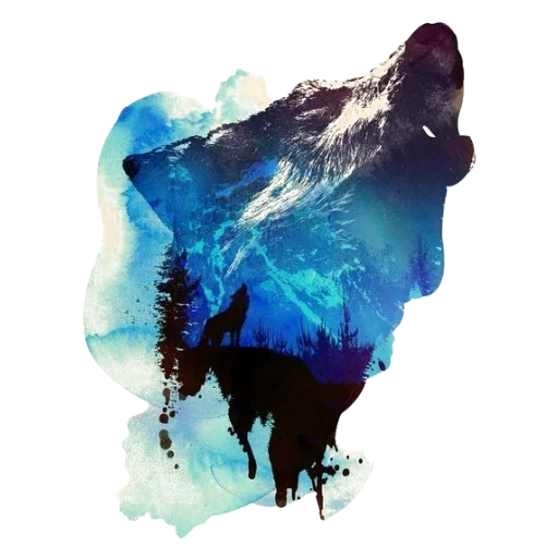 big gray wolf, robert farkas, watercolor wolf, blurred image, blue and black wolf watercolor
