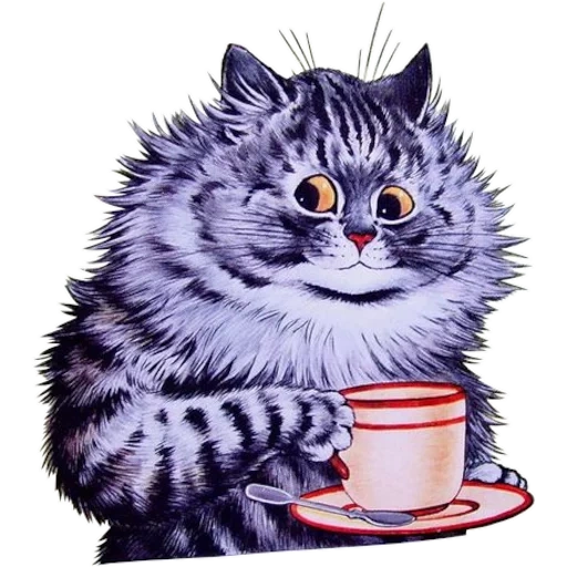 the cat drinks tea, luis wayne cats, luis wayne tea drinking, good morning a cat, fluffy cat drawing