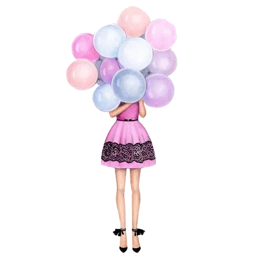 balloon, girl with balls, girl with balls drawing, girl balloons, fashionable illustrations of girls with balls