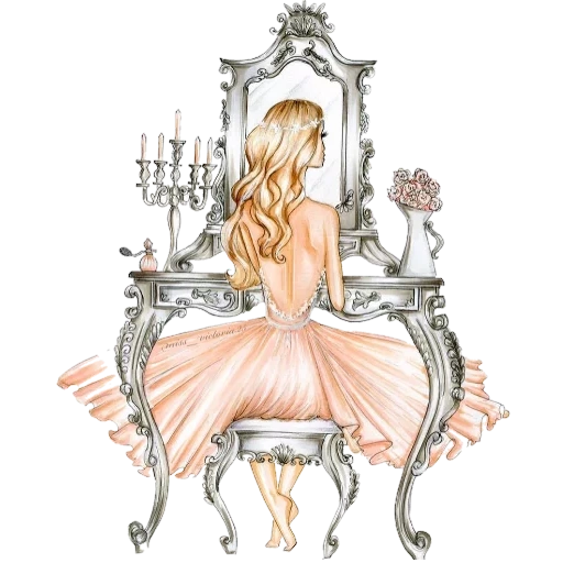 рисунок девушки, модные иллюстрации, девушки иллюстрации, принцесса перед зеркалом, модные иллюстрации девушек