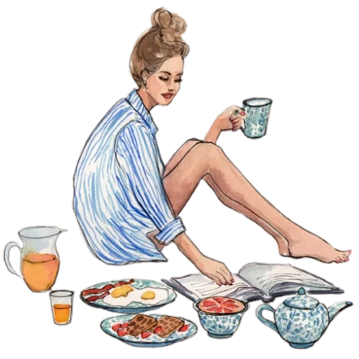 иллюстрация, еда рисунки, рисунки ретро, выходной у женщины, девушка завтракает