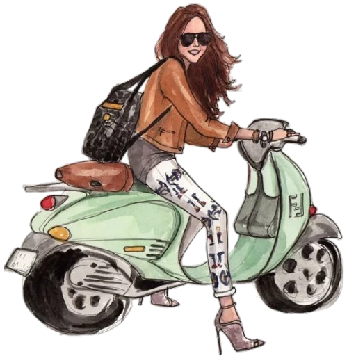 vespa иллюстрации, модные иллюстрации, рисунок девушка веспа, девушка скутере рисунок, акварель девушка мотоцикле
