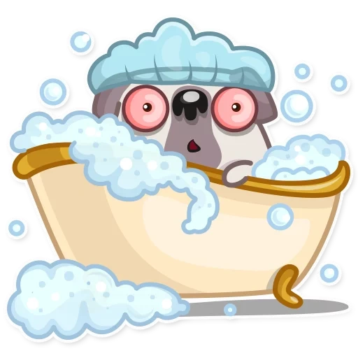 pug, bathtub, pug sticker, cartoon bathroom dog