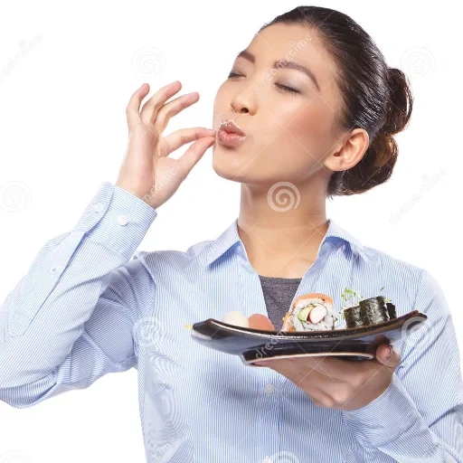 азиат, женщина, молодая женщина, девушка ест суши, мужчина ест роллы
