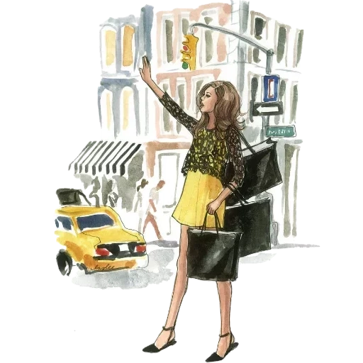 мода стиль, мода рисунки, шоппинг скетч, модные иллюстрации, иллюстрации девушка такси