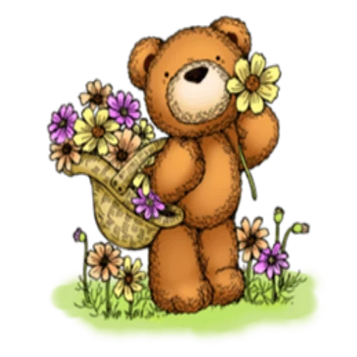 urso, urso de pelúcia, urso, caro urso, suportar com flores aquarela
