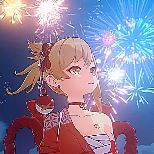 аниме, yoimiya, аниме арты, аниме большие, yoimiya fireworks