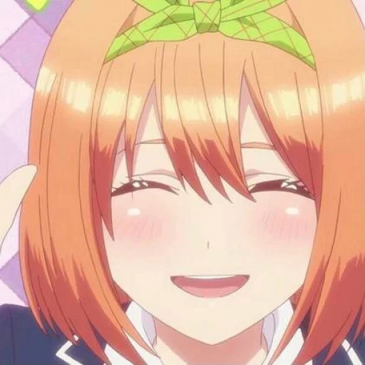 personagem de anime, toubun no hanayome, gotoubun no hanayome, o rosto da noiva de anime cinco yotsuba está sobre ele