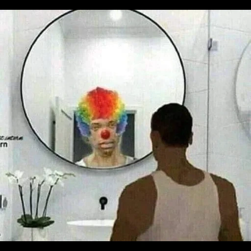people, in the mirror, smiling face, clown mirror, look in the mirror meme