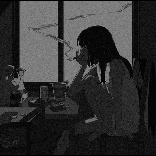 animation, anime edith, dark anime, cartoon illustration, cigarettes out the window tv
