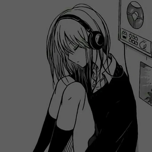 animação, animação de quadrinhos, imagem de anime triste, menina de anime triste, menina anime fone de ouvido triste