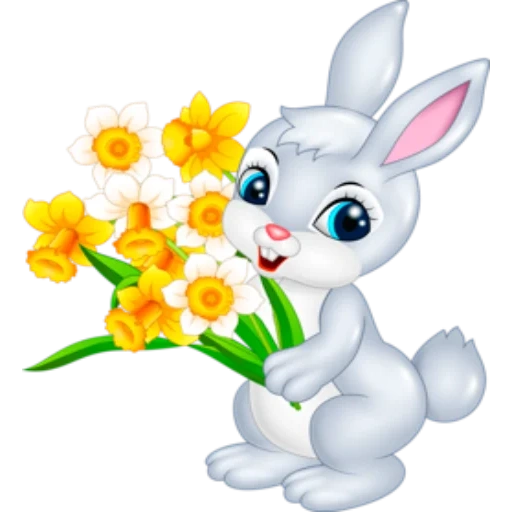 lapin à fleurs, bunny de dessin animé, petit lapin sur fond blanc, petit lapin tenant des fleurs, bunny sur fond transparent